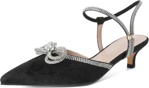 Eldof Women's Rhinestone Bow Heels Sparkly Ankle Strap Closed Pointed Toe Kitten Low Heel Pumps 1.5 Inches