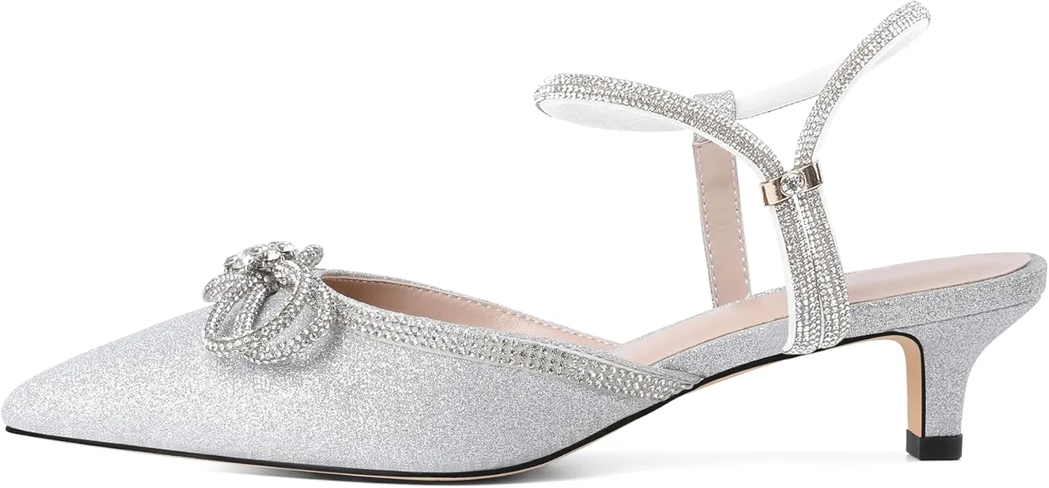 Eldof Women's Rhinestone Bow Heels Sparkly Ankle Strap Closed Pointed Toe Kitten Low Heel Pumps 1.5 Inches