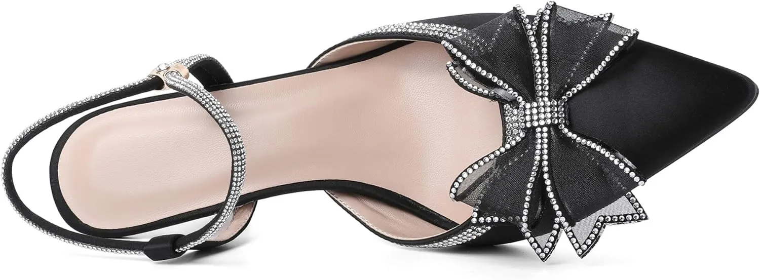 Eldof Women's Rhinestone Bow Heels Sparkly Ankle Strap Closed Pointed Toe Kitten Low Heel Pumps 1.5 Inches