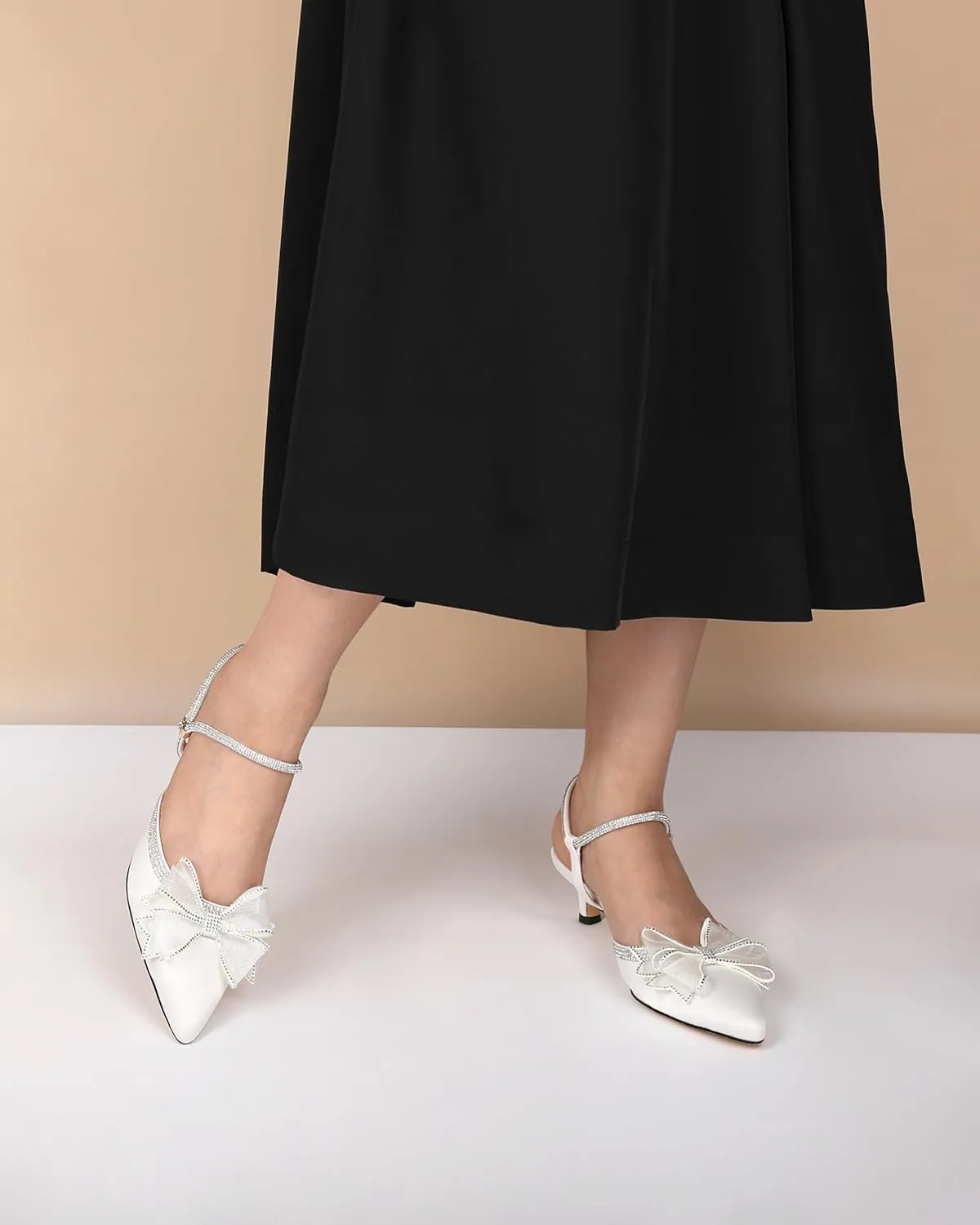 Eldof Women's Rhinestone Bow Heels Sparkly Ankle Strap Closed Pointed Toe Kitten Low Heel Pumps 1.5 Inches