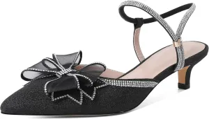Eldof Women's Rhinestone Bow Heels Sparkly Ankle Strap Closed Pointed Toe Kitten Low Heel Pumps 1.5 Inches