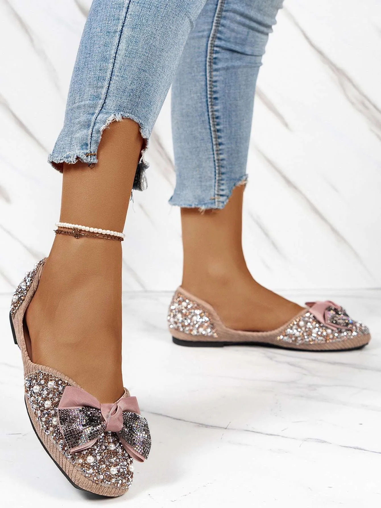 Elegant Bowknot Rhinestone Flat Shoes for Women