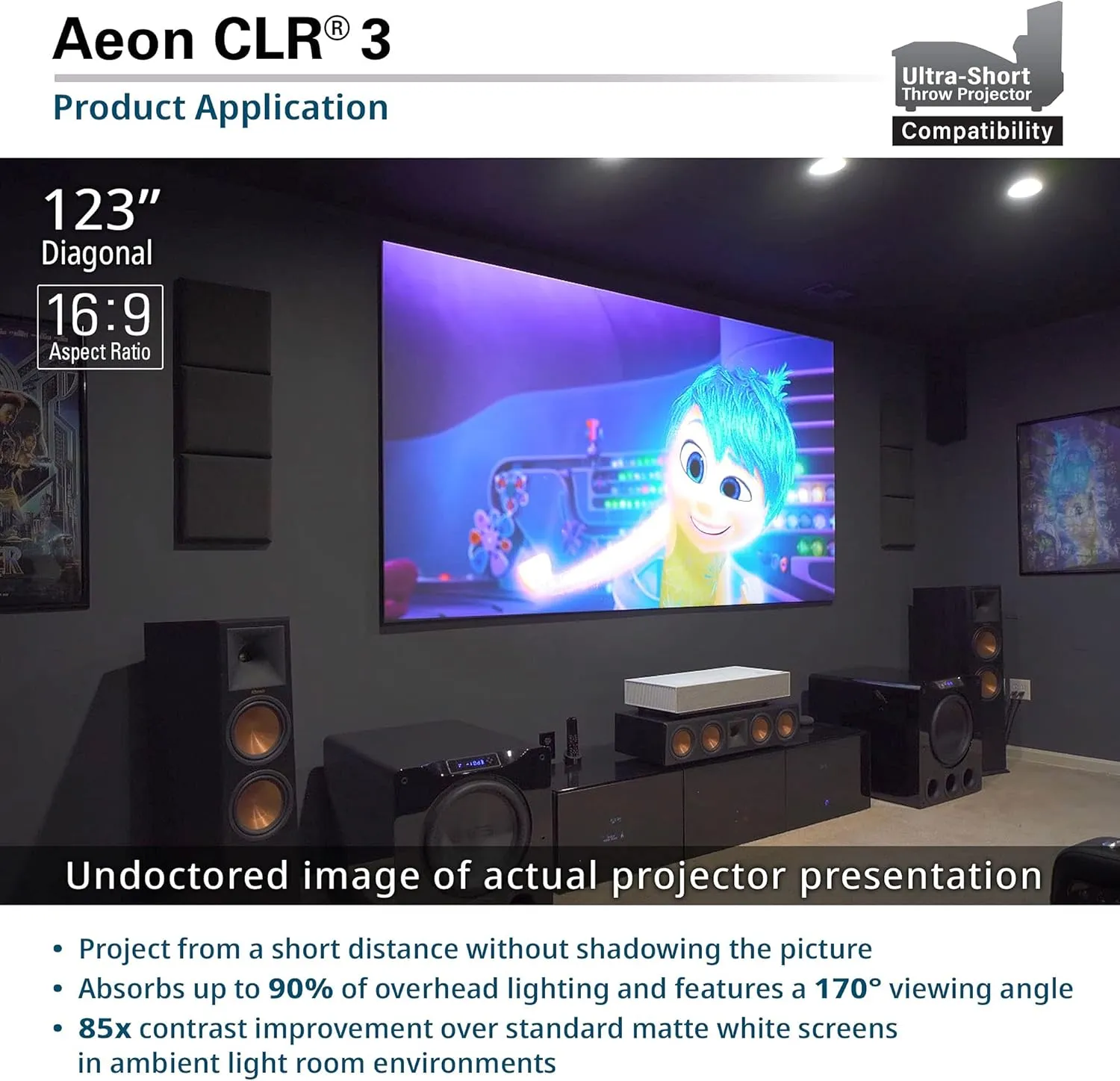 Elite Screens Aeon CLR3 123" UST ALR Projector Screen, 16:9 4K Ultra HD, 90% Ceiling Light Rejecting, Edge-Free Fixed Frame, Grey Screen for Indoor Home Theater & Movies – AR123H-CLR3