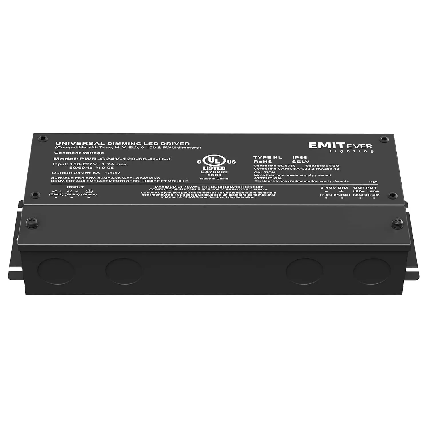EMITEVER 120W Dimmable LED Driver, 24V Triac Dimmable Power Supply, AC to DC Transformer for LED Light, Compatible with Lutron and Leviton Dimmer, Waterproof IP67 and UL Listed