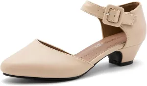 Enelauge Women's Ankle Strap Closed Toe Low Chunky Heel Dress Work Pumps