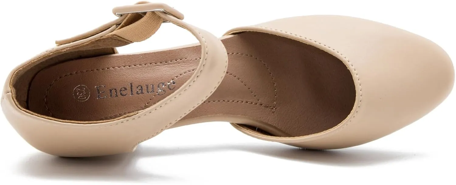 Enelauge Women's Ankle Strap Closed Toe Low Chunky Heel Dress Work Pumps