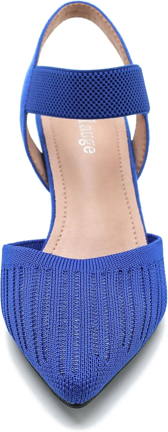 Enelauge Women's Closed Toe Low Kitten Heels Knit Pumps Elastic Ankle Strap Sandals Slingback Pointed Toe Wedding Prom Dress Shoes