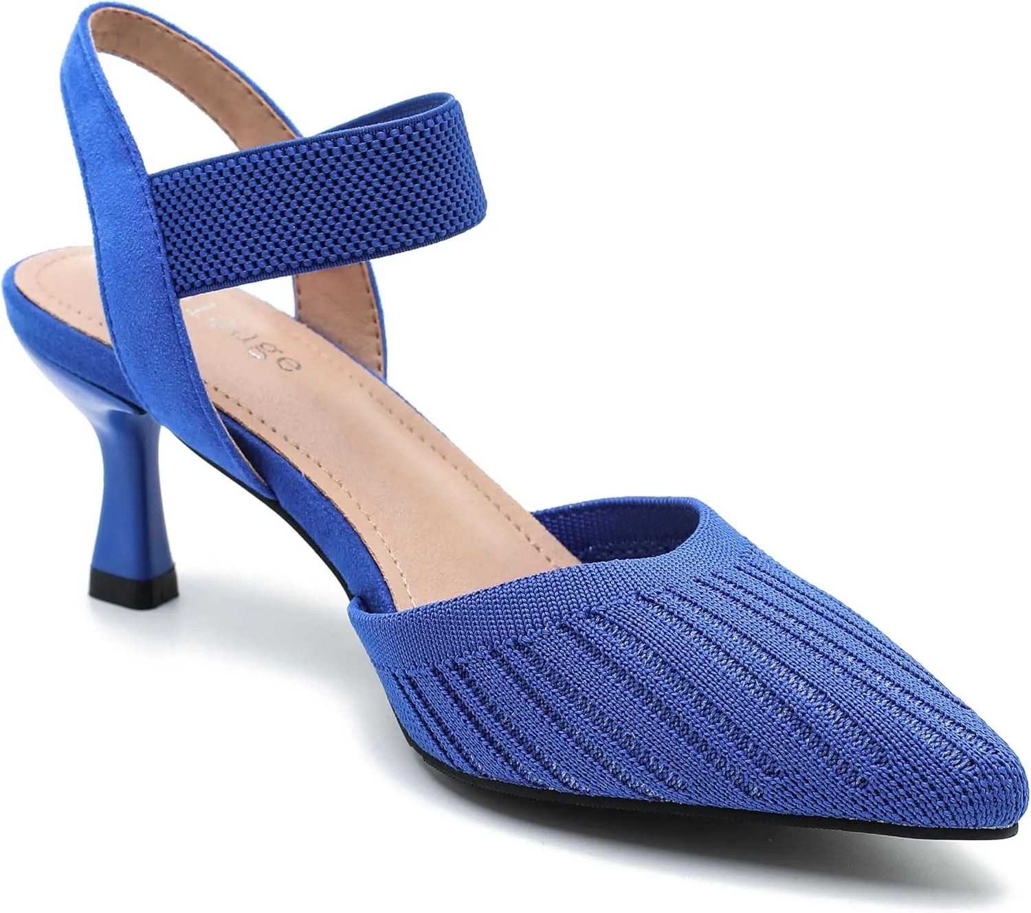 Enelauge Women's Closed Toe Low Kitten Heels Knit Pumps Elastic Ankle Strap Sandals Slingback Pointed Toe Wedding Prom Dress Shoes