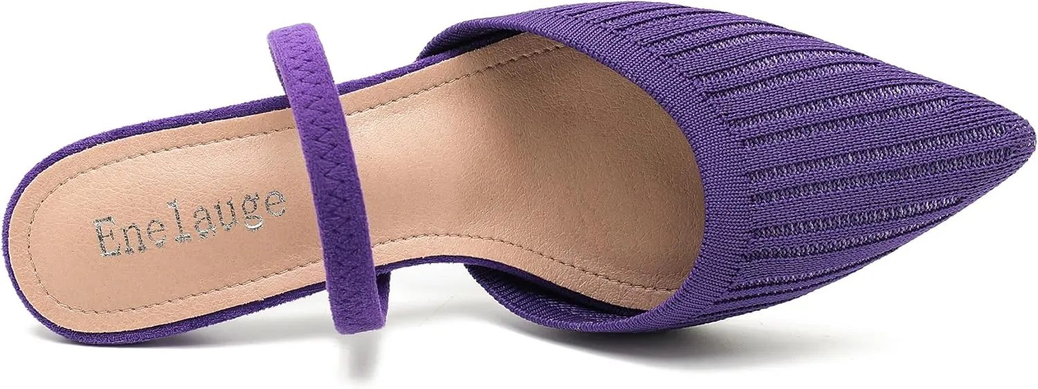 Enelauge Women's Low Kitten Heel Knit Pumps with Elastic Ankle Strap Pointed Closed Toe Slingback Comfortable Dress Wedding Shoes