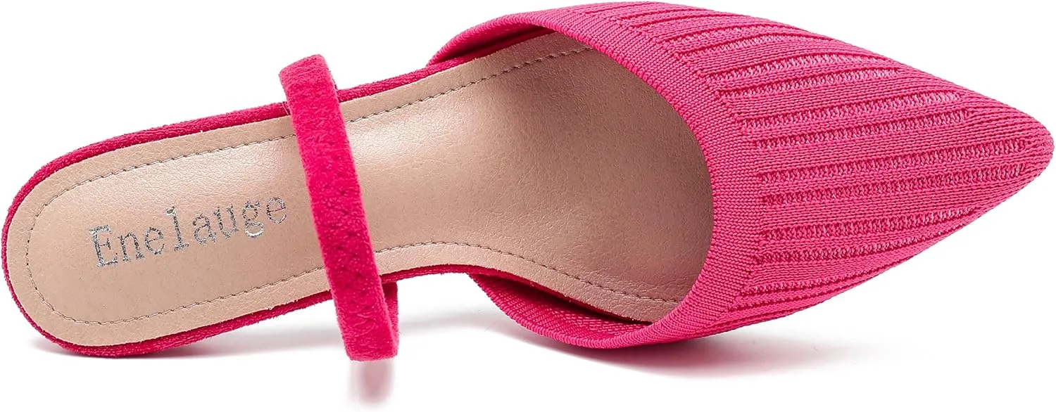 Enelauge Women's Low Kitten Heel Knit Pumps with Elastic Ankle Strap Pointed Closed Toe Slingback Comfortable Dress Wedding Shoes