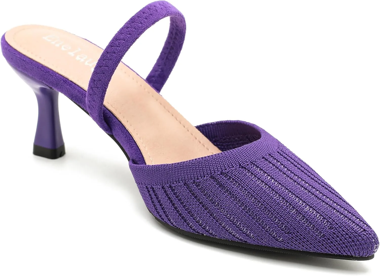 Enelauge Women's Low Kitten Heel Knit Pumps with Elastic Ankle Strap Pointed Closed Toe Slingback Comfortable Dress Wedding Shoes