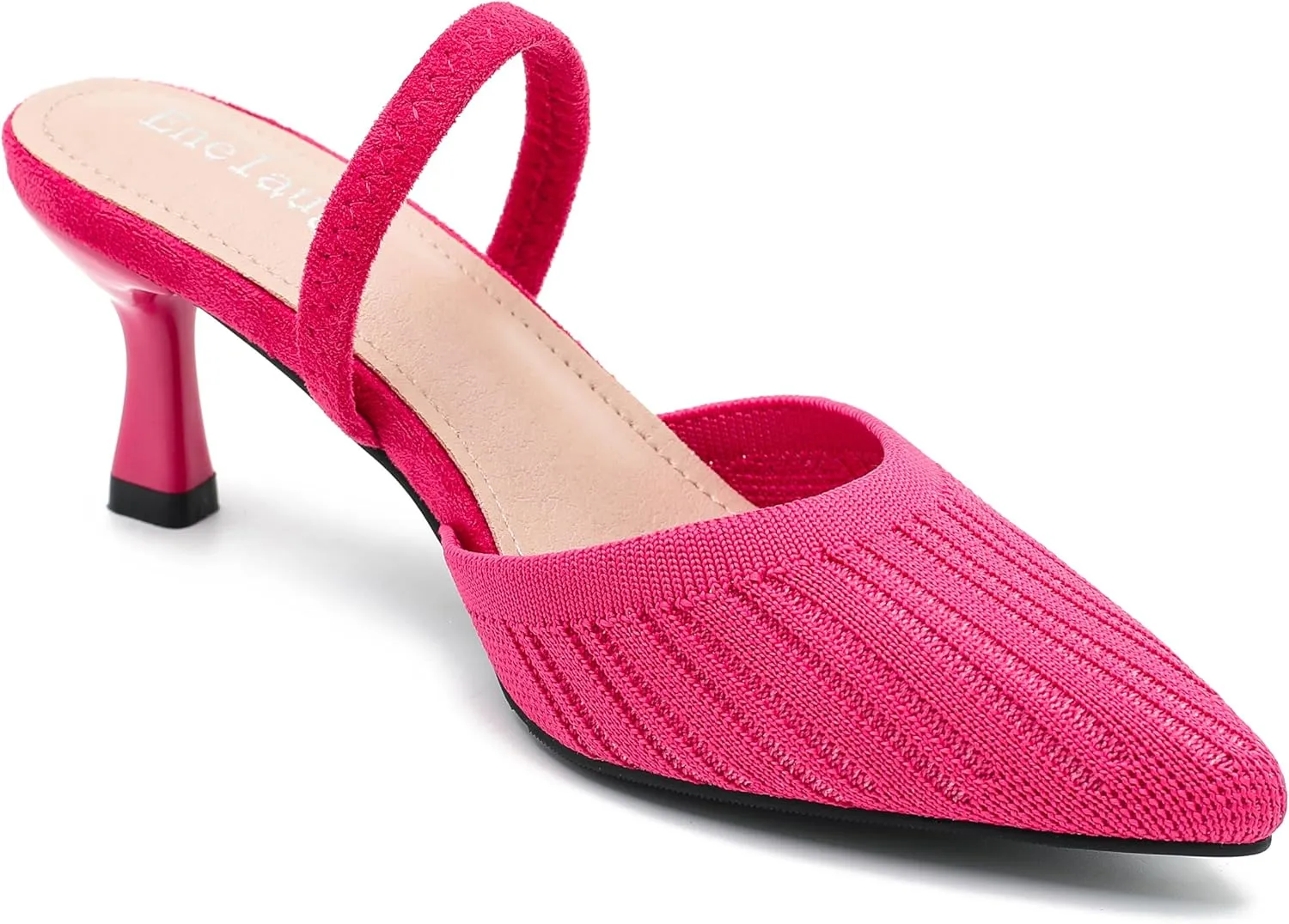 Enelauge Women's Low Kitten Heel Knit Pumps with Elastic Ankle Strap Pointed Closed Toe Slingback Comfortable Dress Wedding Shoes