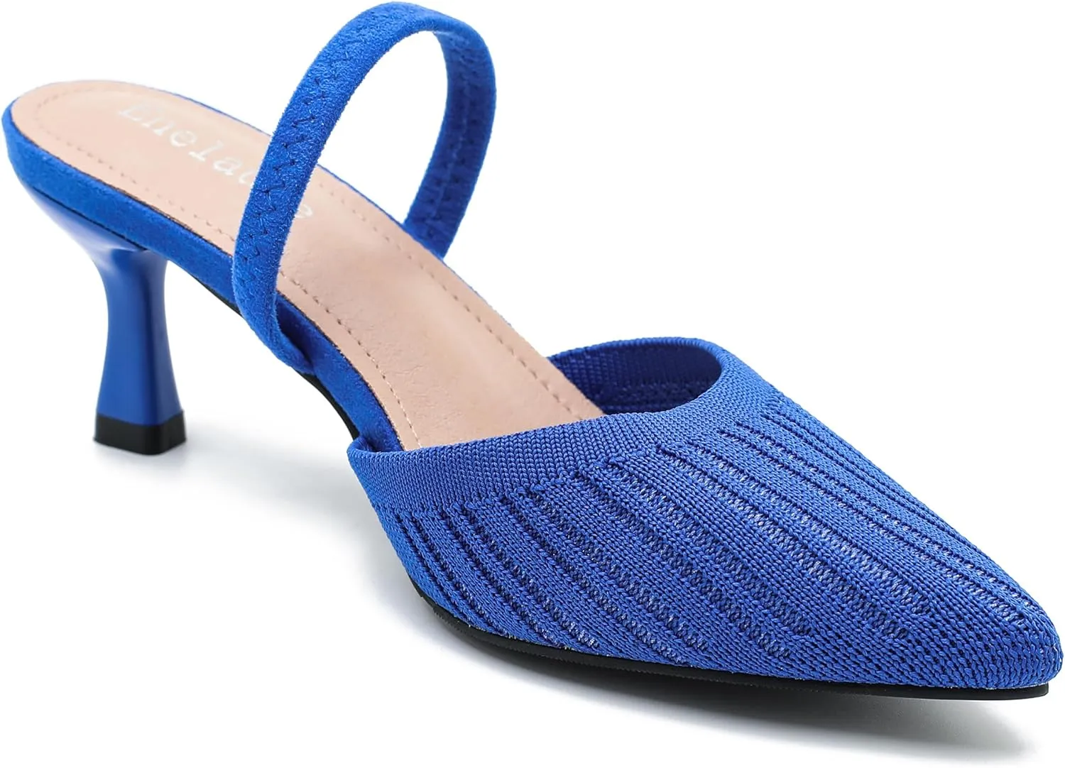 Enelauge Women's Low Kitten Heel Knit Pumps with Elastic Ankle Strap Pointed Closed Toe Slingback Comfortable Dress Wedding Shoes