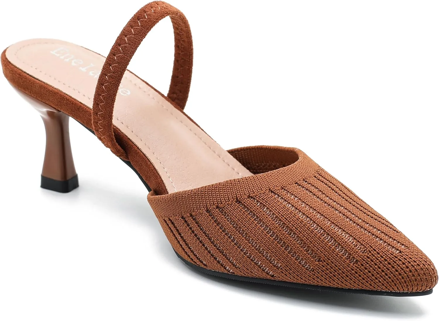 Enelauge Women's Low Kitten Heel Knit Pumps with Elastic Ankle Strap Pointed Closed Toe Slingback Comfortable Dress Wedding Shoes