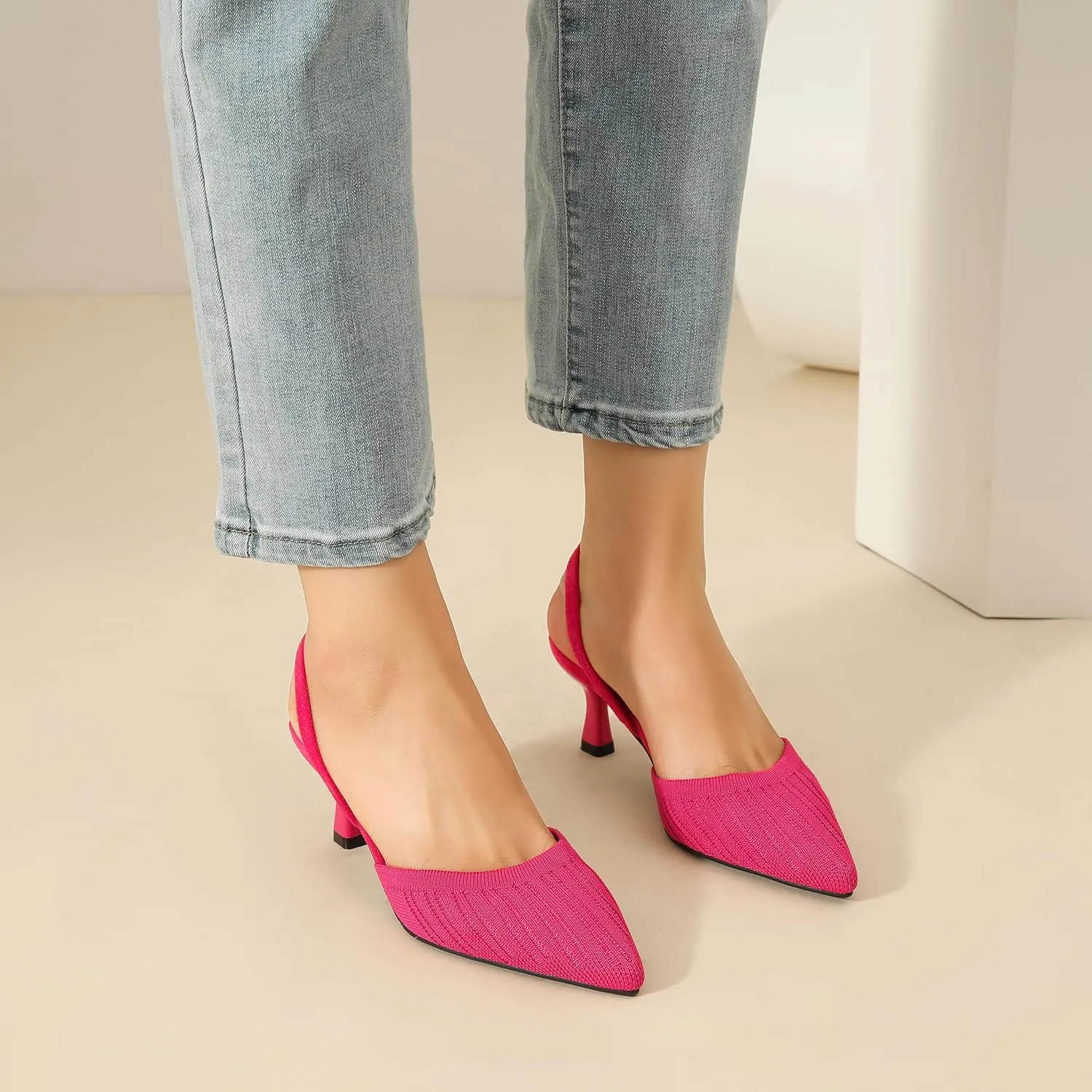 Enelauge Women's Low Kitten Heel Knit Pumps with Elastic Ankle Strap Pointed Closed Toe Slingback Comfortable Dress Wedding Shoes