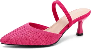 Enelauge Women's Low Kitten Heel Knit Pumps with Elastic Ankle Strap Pointed Closed Toe Slingback Comfortable Dress Wedding Shoes