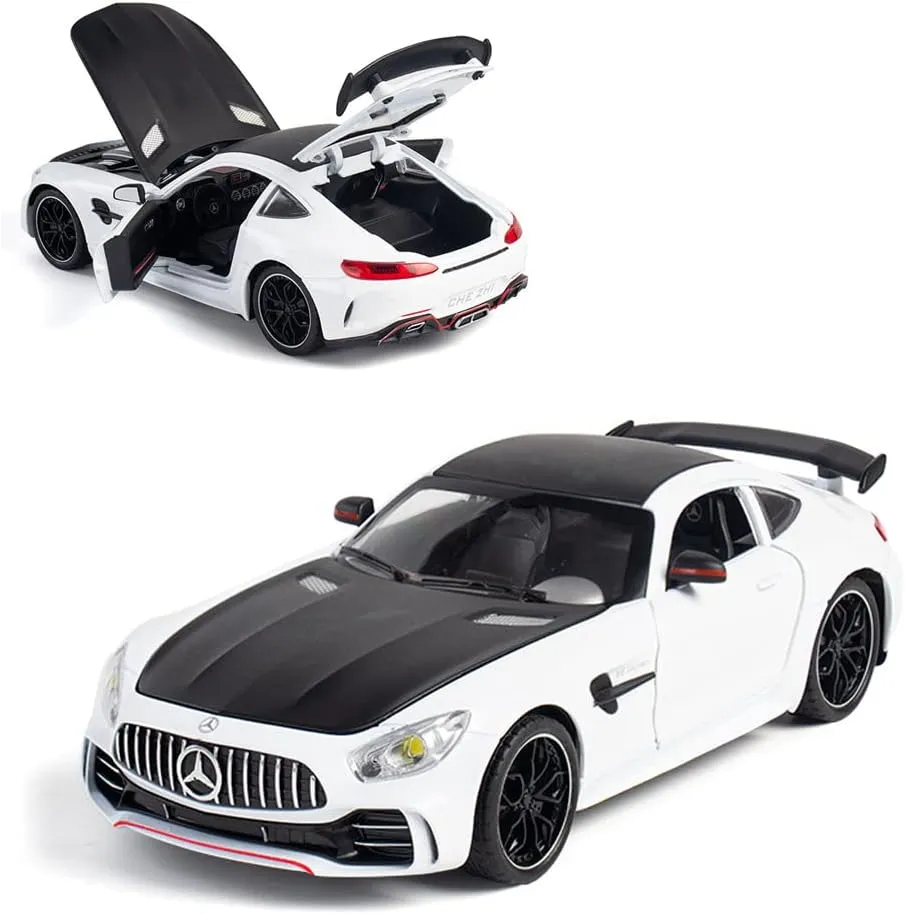 EROCK Exquisite car Model 1/24 Benz AMG GTR Toy Cars Model Car, Zinc Alloy Pull Back Toy car with Sound and Light for Kids Boy Girl Gift. (White)