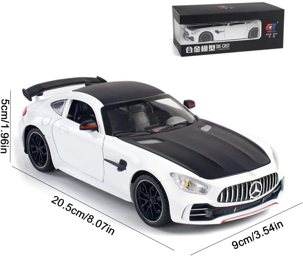 EROCK Exquisite car Model 1/24 Benz AMG GTR Toy Cars Model Car, Zinc Alloy Pull Back Toy car with Sound and Light for Kids Boy Girl Gift. (White)