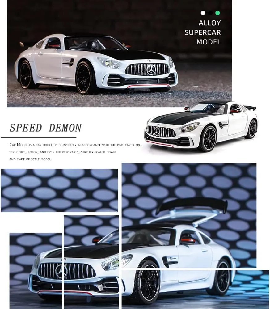 EROCK Exquisite car Model 1/24 Benz AMG GTR Toy Cars Model Car, Zinc Alloy Pull Back Toy car with Sound and Light for Kids Boy Girl Gift. (White)