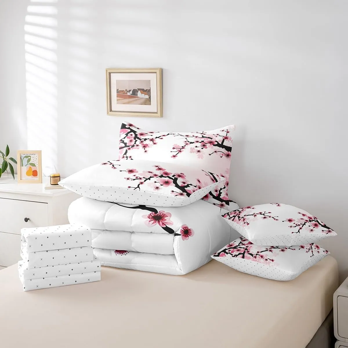 Erosebridal 7 Piece Japanese-Style Bed in a Bag Queen for Adult Women Pink Cherry Blossoms Sheet Set Girls Boys Nature Branches Flowers Bedding with Comforter Romantic Theme Cushion Covers