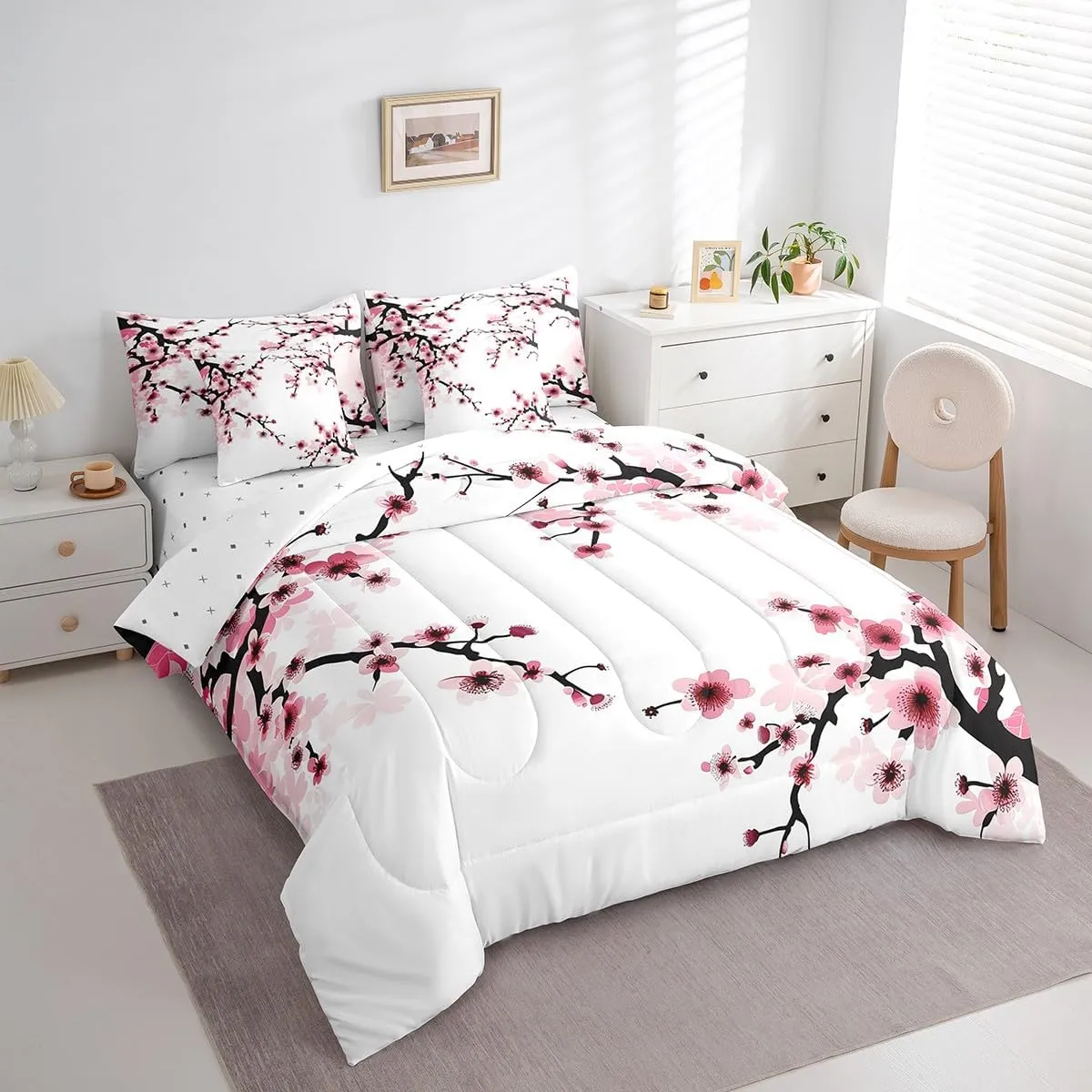 Erosebridal 7 Piece Japanese-Style Bed in a Bag Queen for Adult Women Pink Cherry Blossoms Sheet Set Girls Boys Nature Branches Flowers Bedding with Comforter Romantic Theme Cushion Covers