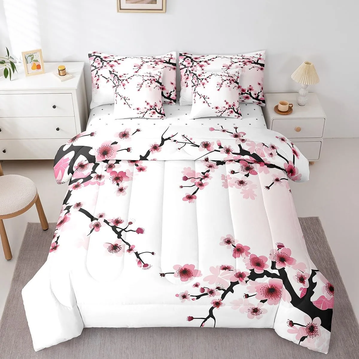 Erosebridal 7 Piece Japanese-Style Bed in a Bag Queen for Adult Women Pink Cherry Blossoms Sheet Set Girls Boys Nature Branches Flowers Bedding with Comforter Romantic Theme Cushion Covers
