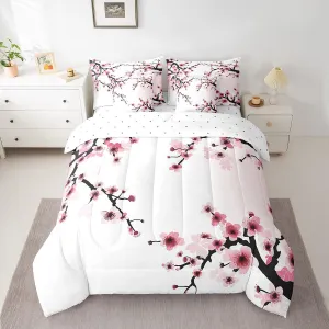 Erosebridal 7 Piece Japanese-Style Bed in a Bag Queen for Adult Women Pink Cherry Blossoms Sheet Set Girls Boys Nature Branches Flowers Bedding with Comforter Romantic Theme Cushion Covers