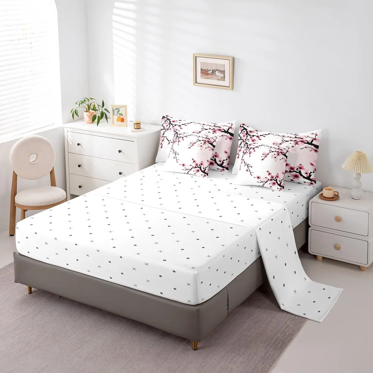 Erosebridal 7 Piece Japanese-Style Bed in a Bag Queen for Adult Women Pink Cherry Blossoms Sheet Set Girls Boys Nature Branches Flowers Bedding with Comforter Romantic Theme Cushion Covers