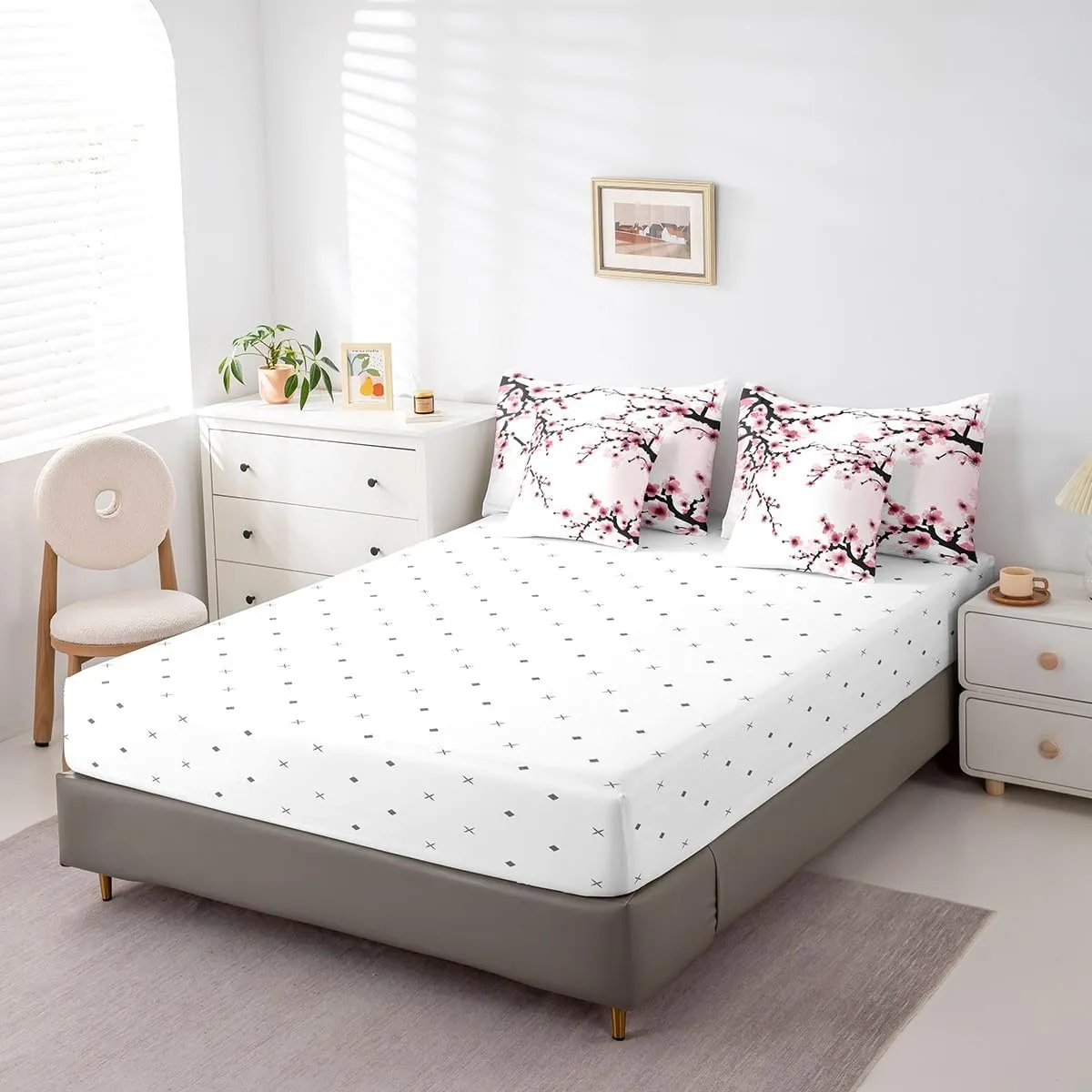 Erosebridal 7 Piece Japanese-Style Bed in a Bag Queen for Adult Women Pink Cherry Blossoms Sheet Set Girls Boys Nature Branches Flowers Bedding with Comforter Romantic Theme Cushion Covers