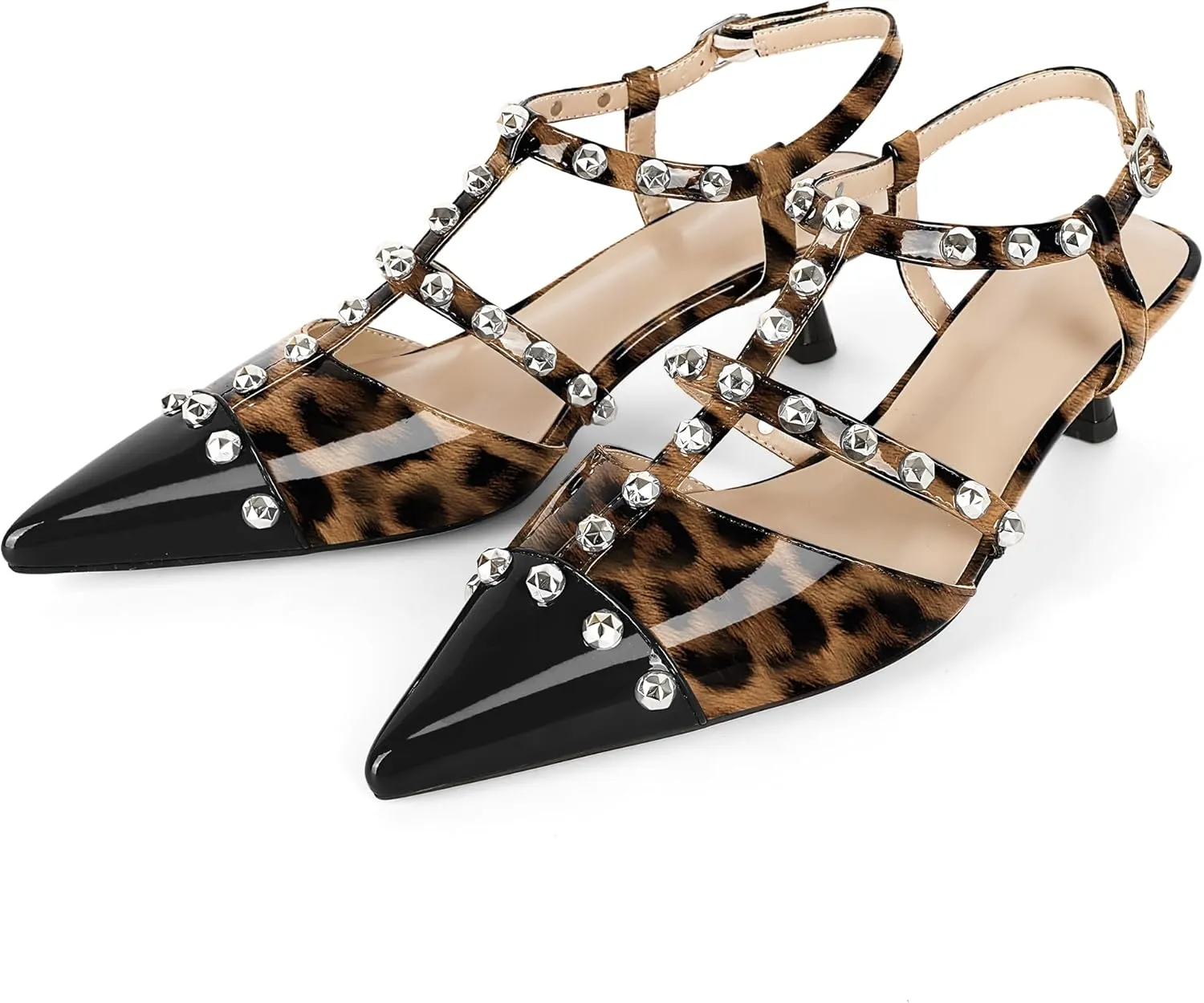 Esvowido Womens Slingback Kitten Heels Pointed Toe Pumps Studded T-Strap Low Heels 2 Inch Closed Toe Work Wedding Party Dress Shoes