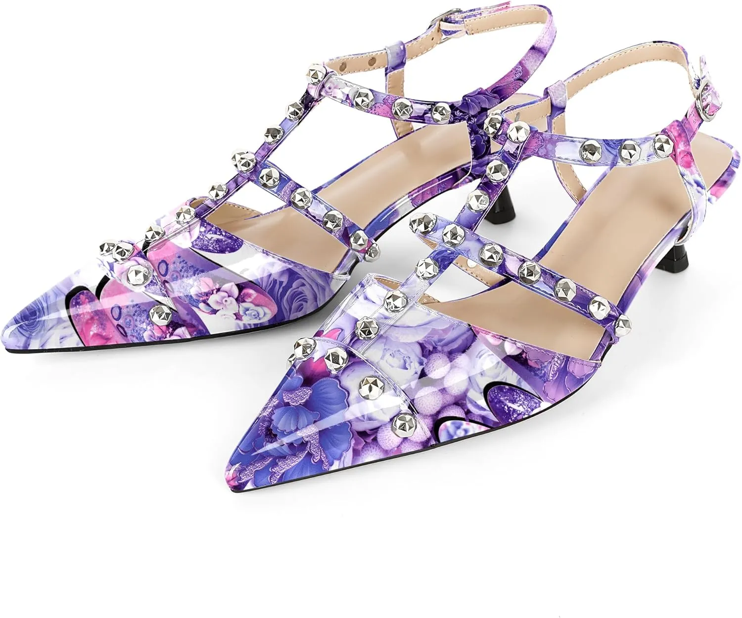 Esvowido Womens Slingback Kitten Heels Pointed Toe Pumps Studded T-Strap Low Heels 2 Inch Closed Toe Work Wedding Party Dress Shoes