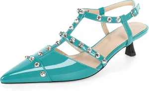 Esvowido Womens Slingback Kitten Heels Pointed Toe Pumps Studded T-Strap Low Heels 2 Inch Closed Toe Work Wedding Party Dress Shoes