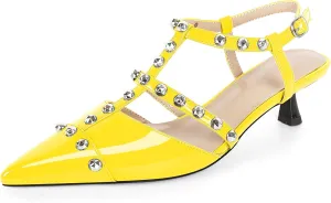 Esvowido Womens Slingback Kitten Heels Pointed Toe Pumps Studded T-Strap Low Heels 2 Inch Closed Toe Work Wedding Party Dress Shoes