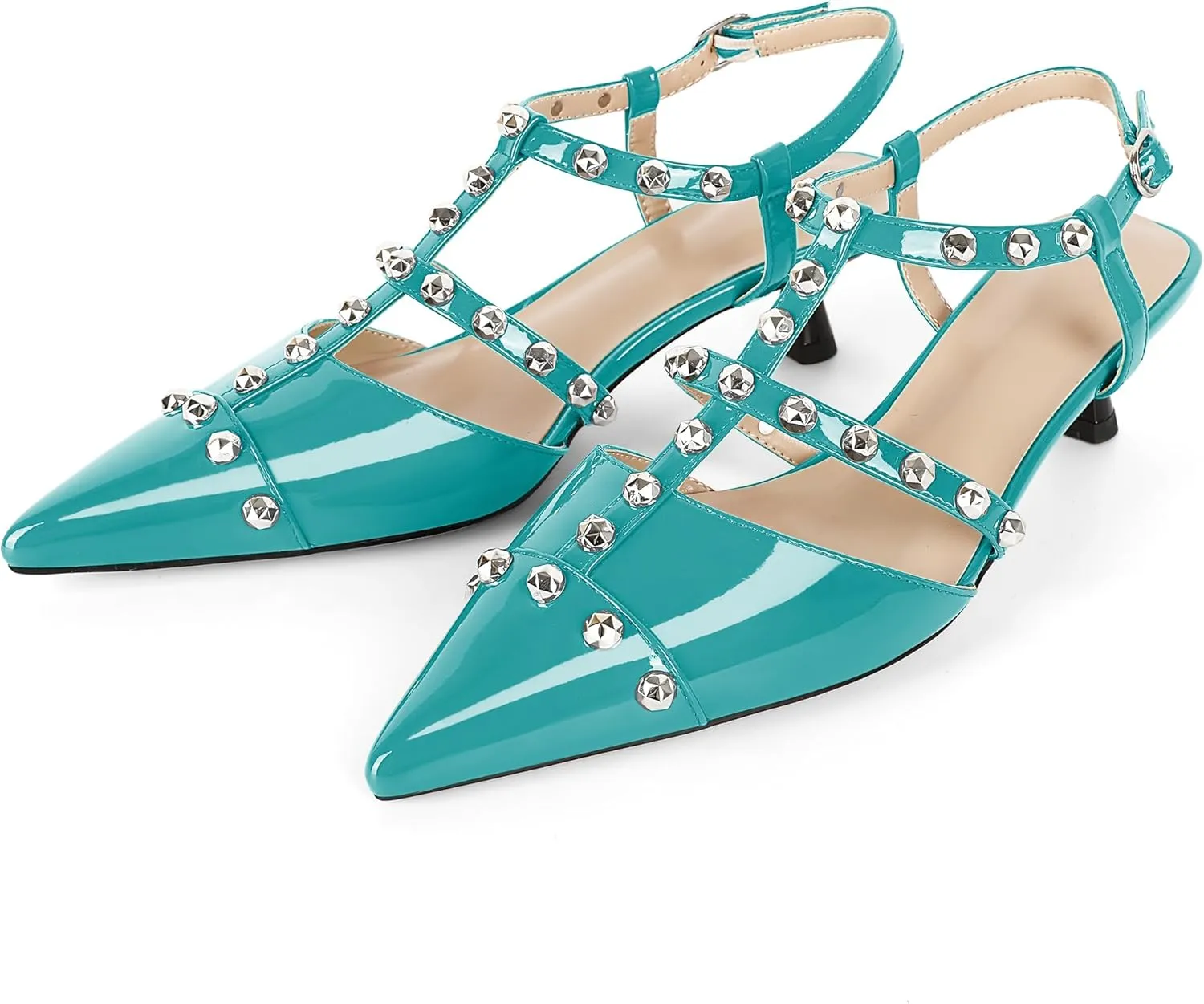 Esvowido Womens Slingback Kitten Heels Pointed Toe Pumps Studded T-Strap Low Heels 2 Inch Closed Toe Work Wedding Party Dress Shoes