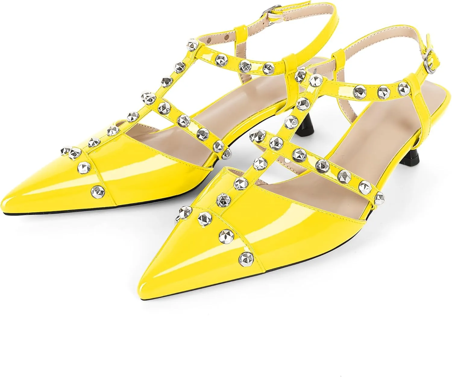 Esvowido Womens Slingback Kitten Heels Pointed Toe Pumps Studded T-Strap Low Heels 2 Inch Closed Toe Work Wedding Party Dress Shoes