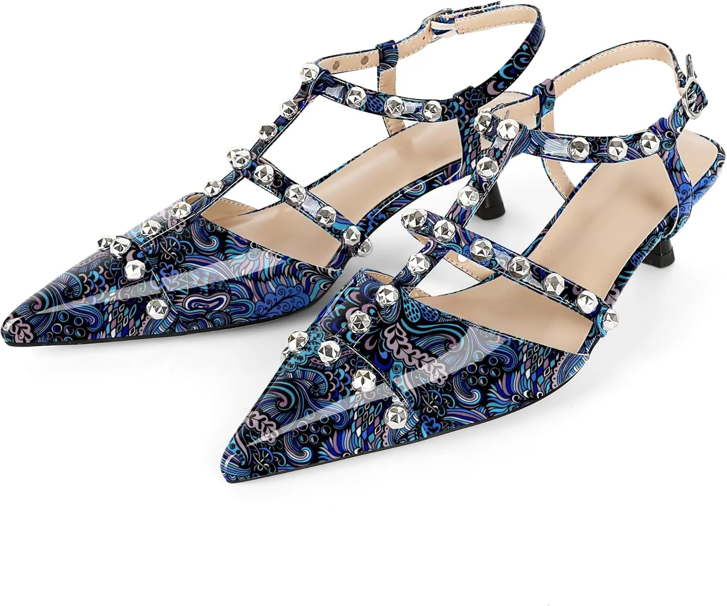 Esvowido Womens Slingback Kitten Heels Pointed Toe Pumps Studded T-Strap Low Heels 2 Inch Closed Toe Work Wedding Party Dress Shoes