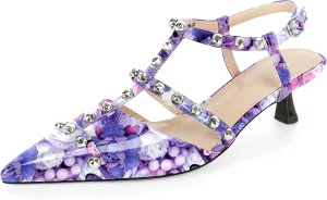 Esvowido Womens Slingback Kitten Heels Pointed Toe Pumps Studded T-Strap Low Heels 2 Inch Closed Toe Work Wedding Party Dress Shoes