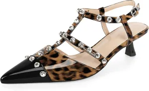 Esvowido Womens Slingback Kitten Heels Pointed Toe Pumps Studded T-Strap Low Heels 2 Inch Closed Toe Work Wedding Party Dress Shoes
