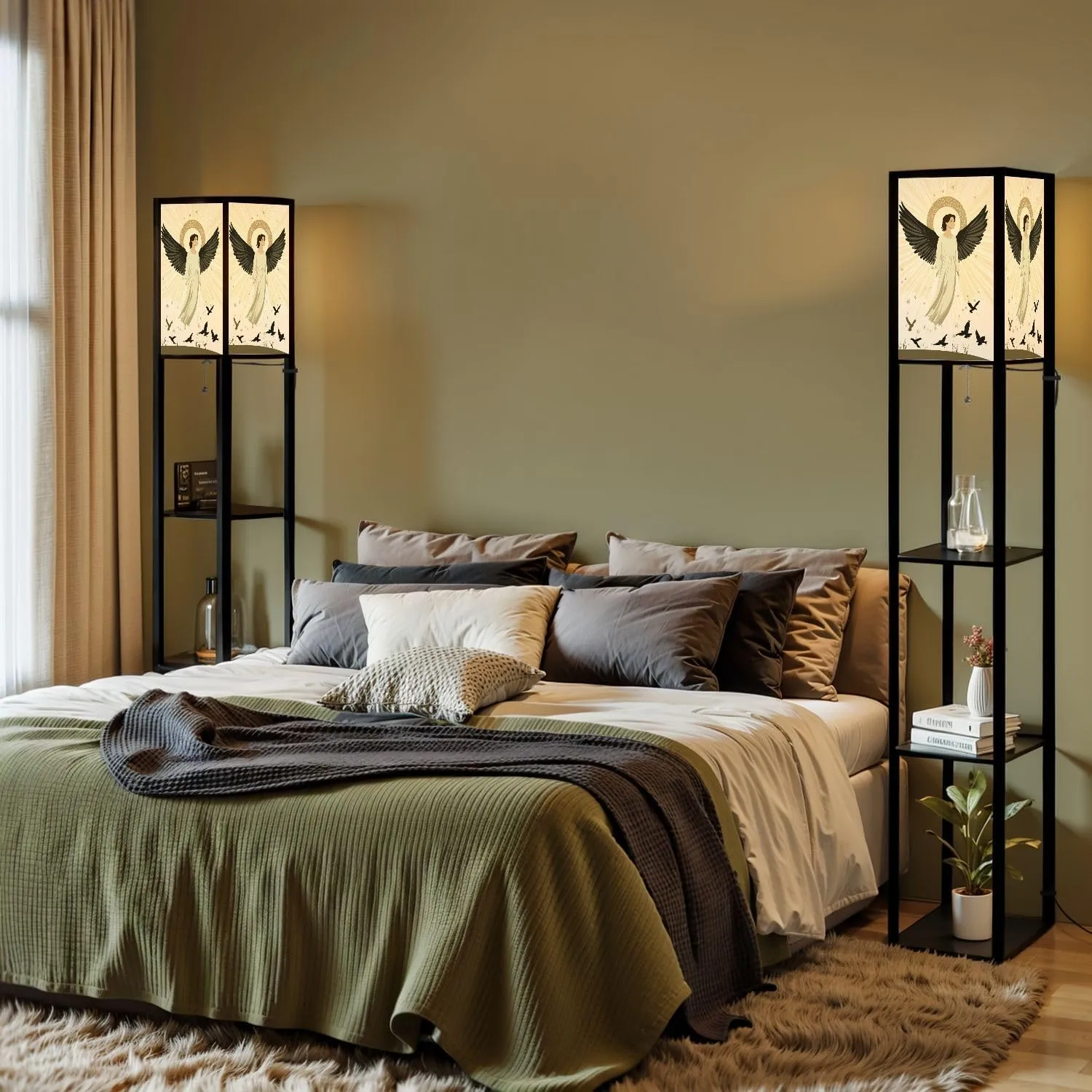 Ethereal Angel Flat Wings Nimbus Halo Art Floor Lamps with Shelves, Modern Standing Lamp Narrow Corner Display Bookshelf Lamp for Living Room, Bedroom, Office Decor