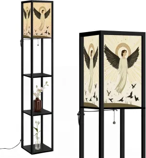 Ethereal Angel Flat Wings Nimbus Halo Art Floor Lamps with Shelves, Modern Standing Lamp Narrow Corner Display Bookshelf Lamp for Living Room, Bedroom, Office Decor