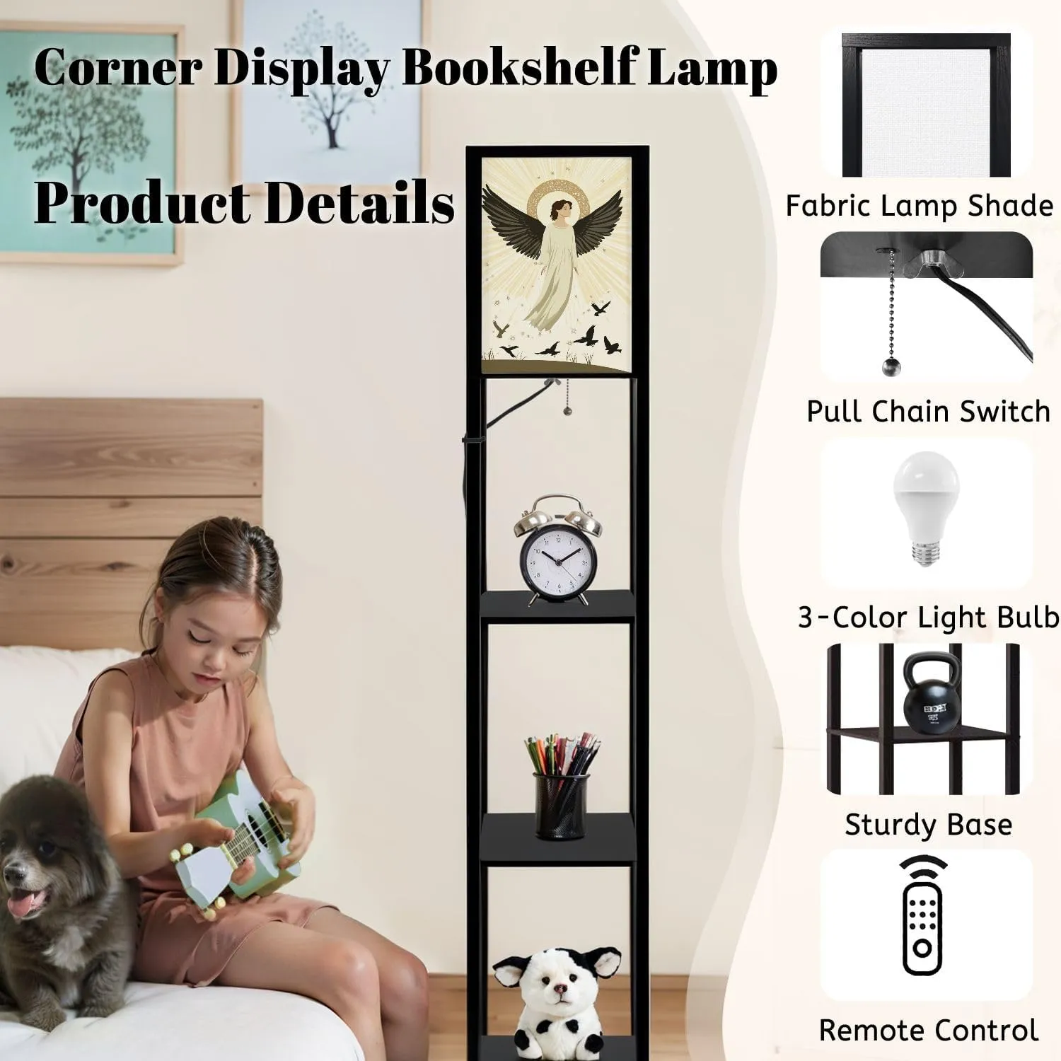 Ethereal Angel Flat Wings Nimbus Halo Art Floor Lamps with Shelves, Modern Standing Lamp Narrow Corner Display Bookshelf Lamp for Living Room, Bedroom, Office Decor