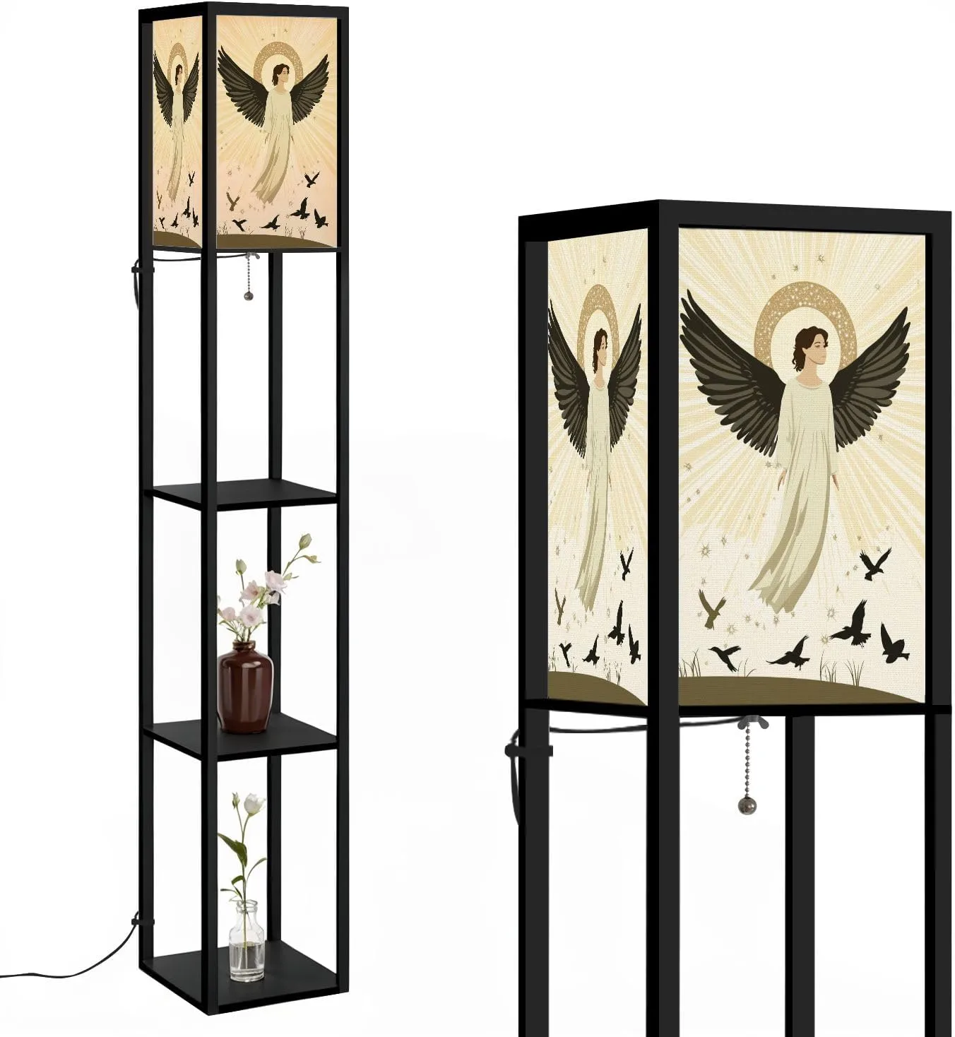 Ethereal Angel Flat Wings Nimbus Halo Art Floor Lamps with Shelves, Modern Standing Lamp Narrow Corner Display Bookshelf Lamp for Living Room, Bedroom, Office Decor