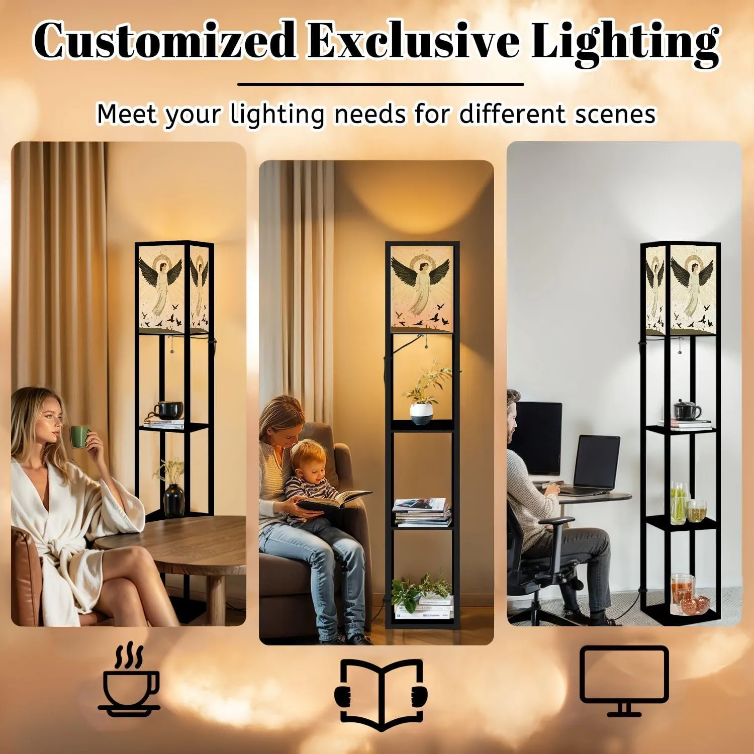 Ethereal Angel Flat Wings Nimbus Halo Art Floor Lamps with Shelves, Modern Standing Lamp Narrow Corner Display Bookshelf Lamp for Living Room, Bedroom, Office Decor