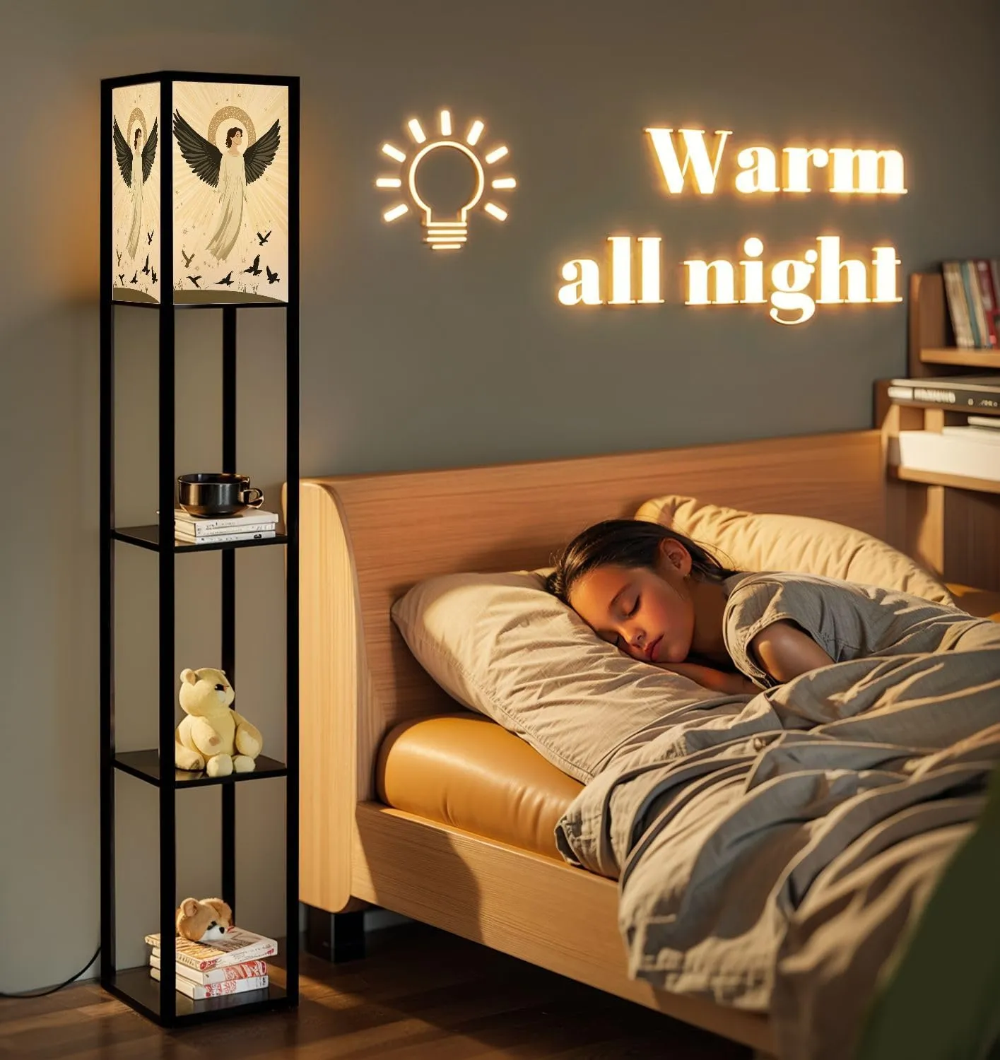 Ethereal Angel Flat Wings Nimbus Halo Art Floor Lamps with Shelves, Modern Standing Lamp Narrow Corner Display Bookshelf Lamp for Living Room, Bedroom, Office Decor