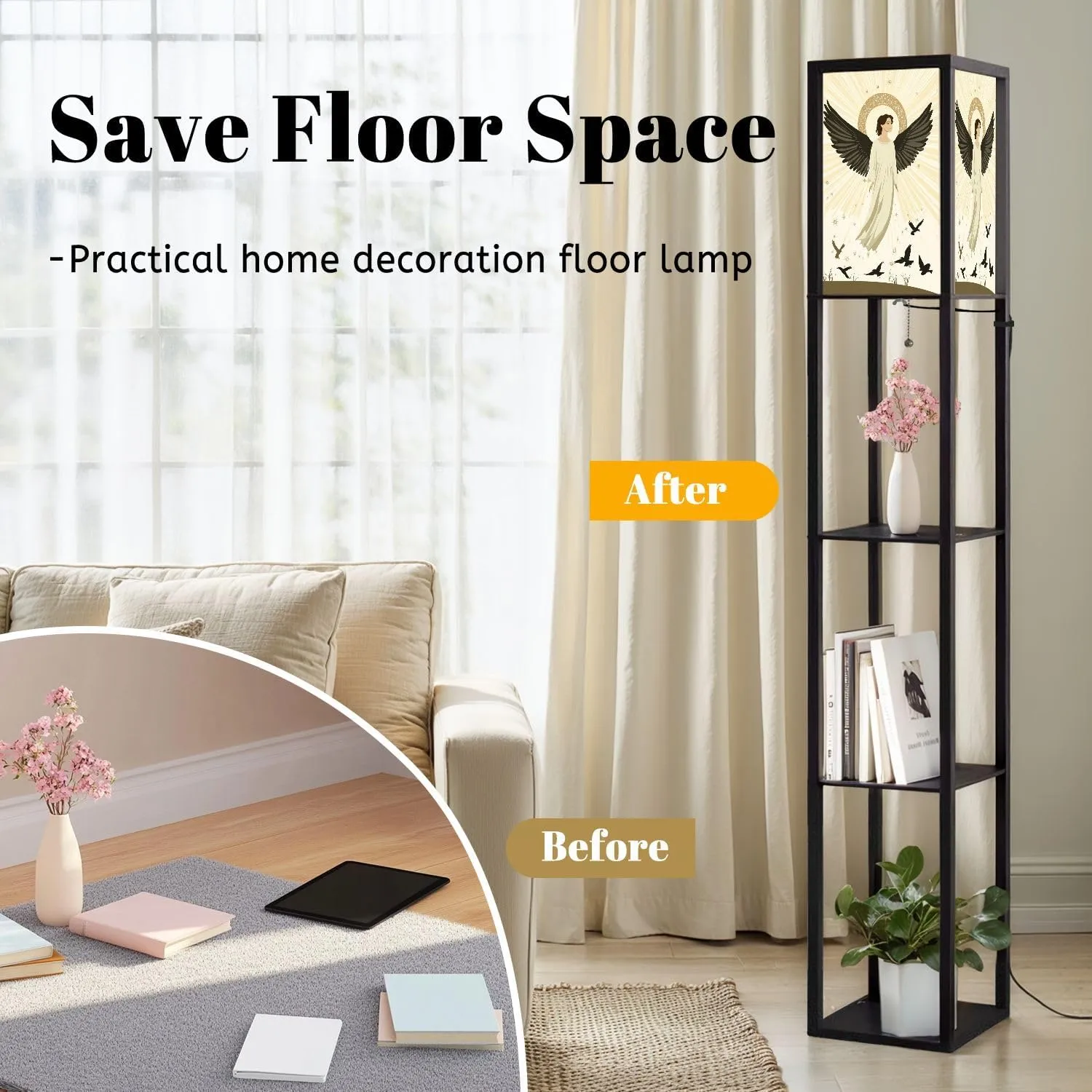 Ethereal Angel Flat Wings Nimbus Halo Art Floor Lamps with Shelves, Modern Standing Lamp Narrow Corner Display Bookshelf Lamp for Living Room, Bedroom, Office Decor