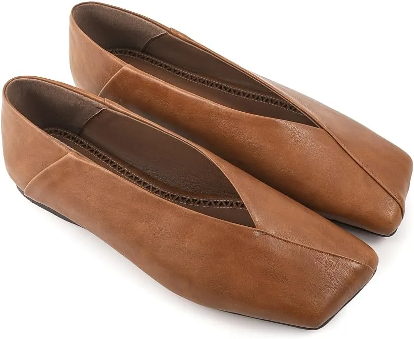 Fandimeier Women's Leather Ballet Flats Squared Toe Comfortable Dressy Slip On Walking Shoes for Casual Work