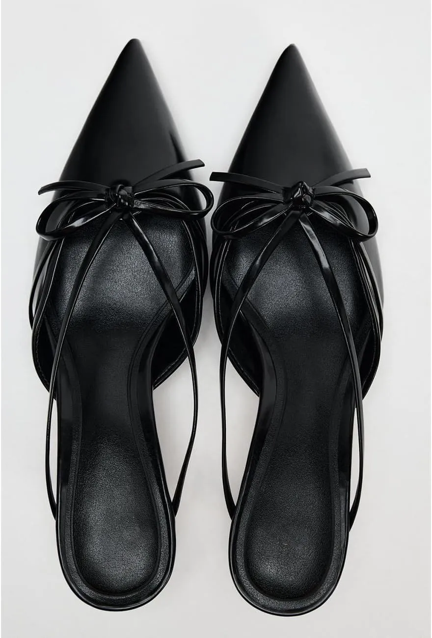 Fashion Kitten Heel Bow Mules for Women Slip On Mules Backless Kitten Heel Pumps