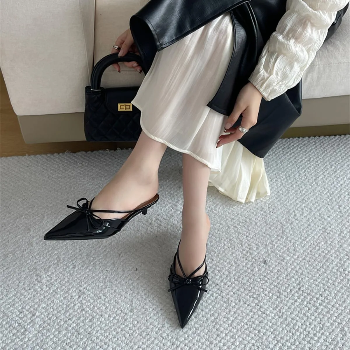 Fashion Kitten Heel Bow Mules for Women Slip On Mules Backless Kitten Heel Pumps