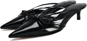 Fashion Kitten Heel Bow Mules for Women Slip On Mules Backless Kitten Heel Pumps