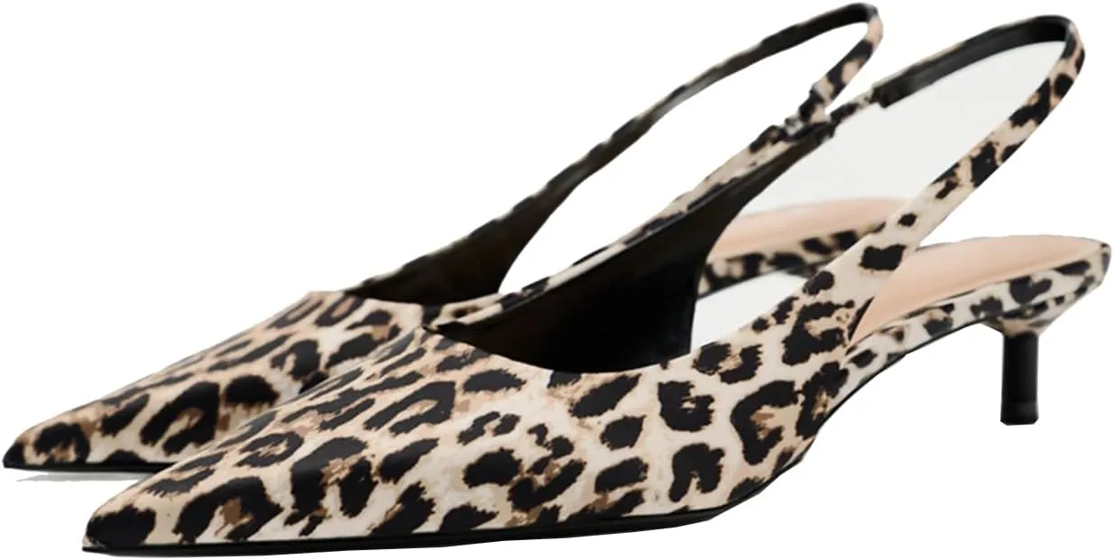 Fashion Leopard Print Slingback Pumps Shoes for Women Pointed Toe Kitten Heels
